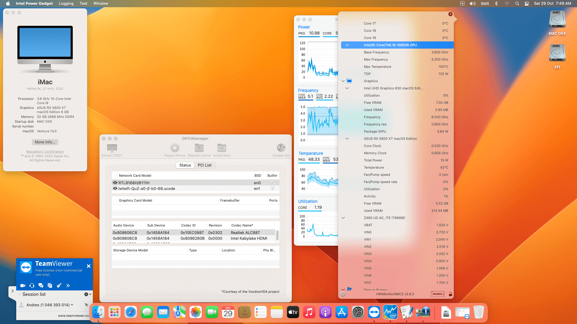 Success Hackintosh macOS Ventura 13.0 Build 22A380 in Gigabyte Z490 UD AC + Intel Core i9 10850K + Asus RX 5600 XT